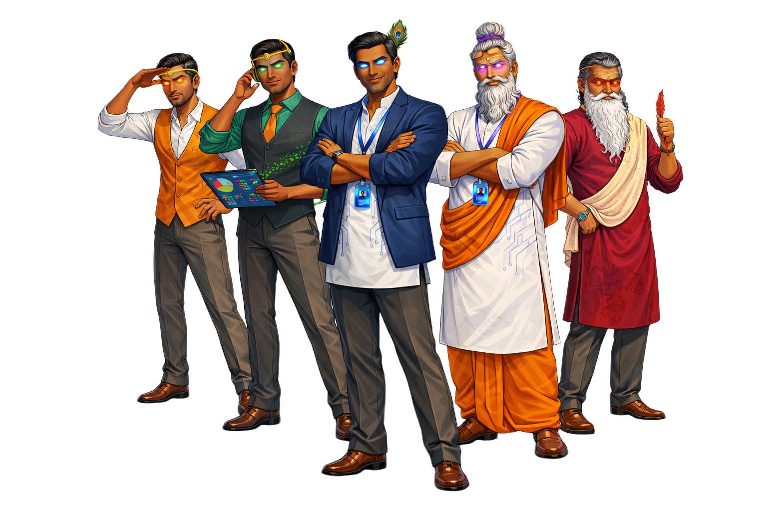 The AI agent team — Sanjaya, Vibhishana, Parthasarathi, Vyasa, and Valmiki
